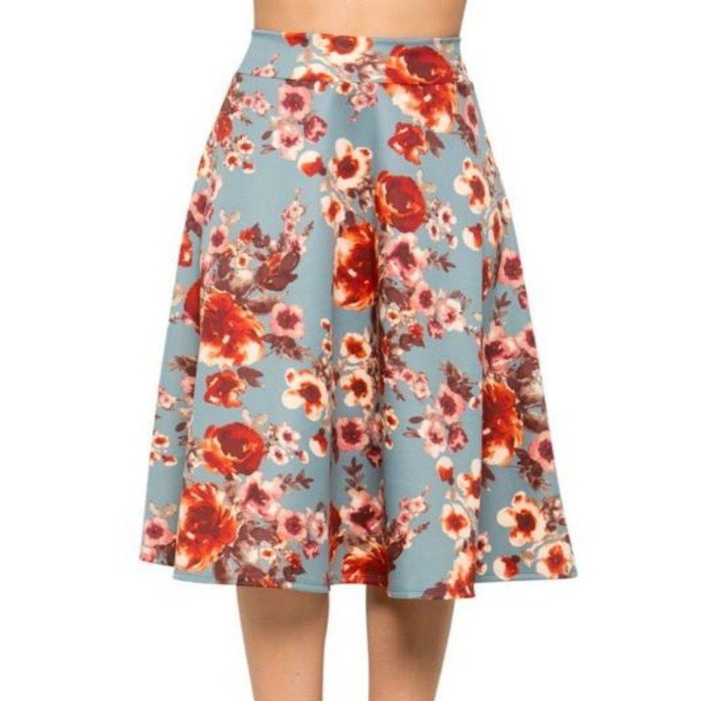 Floral A-Line Midi Skirt in Light Blue with Red Blooms